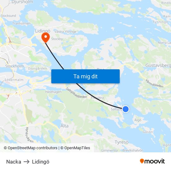Nacka to Lidingö map