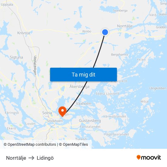 Norrtälje to Lidingö map
