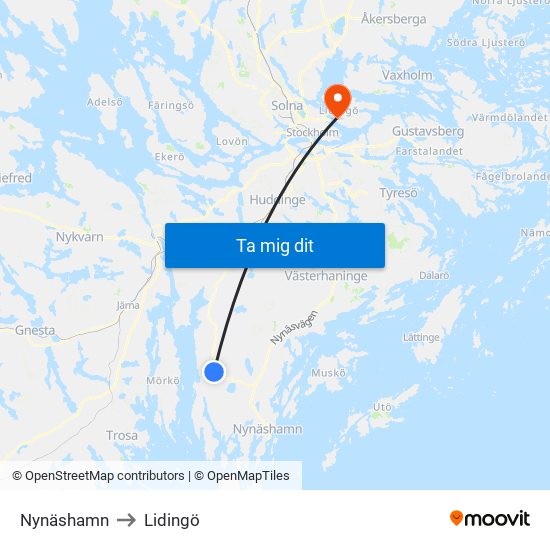 Nynäshamn to Lidingö map
