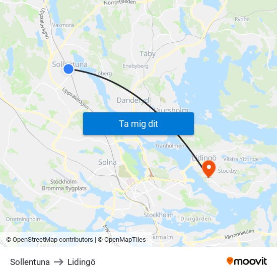 Sollentuna to Lidingö map
