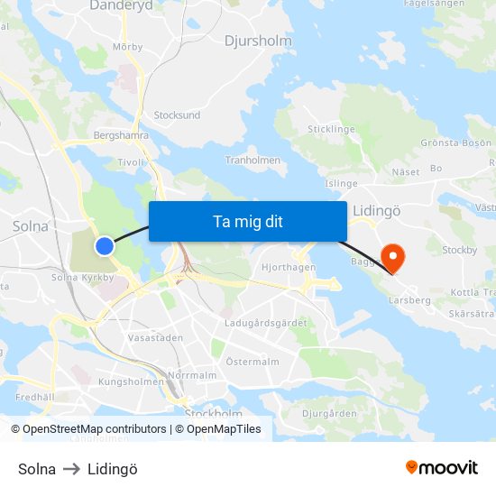 Solna to Lidingö map