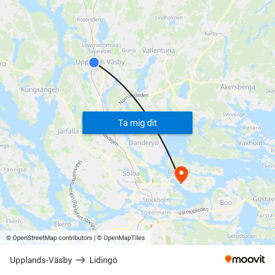 Upplands-Väsby to Lidingö map