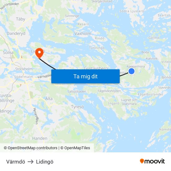 Värmdö to Lidingö map