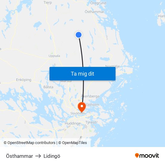 Östhammar to Lidingö map