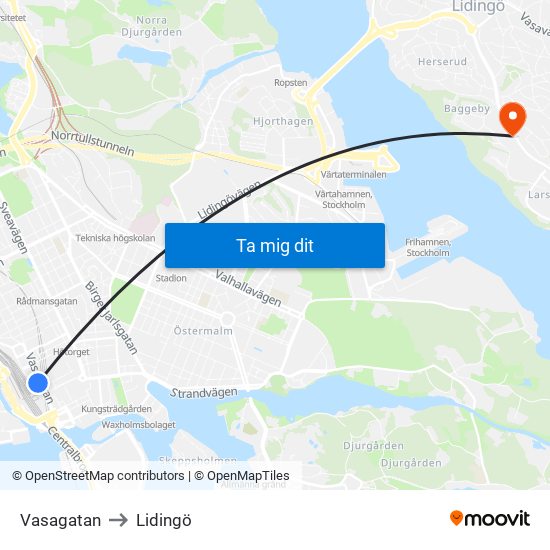 Vasagatan to Lidingö map