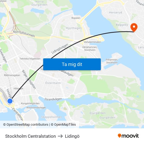 Stockholm Centralstation to Lidingö map