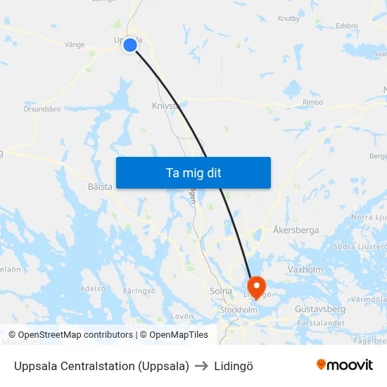 Uppsala Centralstation (Uppsala) to Lidingö map