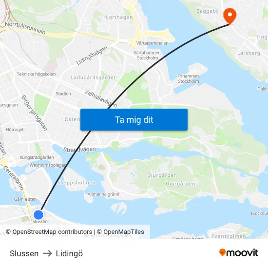 Slussen to Lidingö map