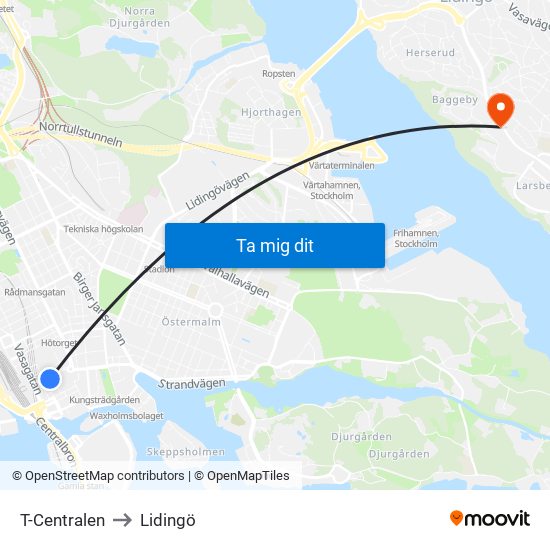 T-Centralen to Lidingö map