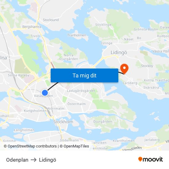 Odenplan to Lidingö map