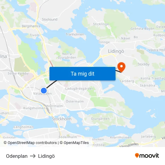 Odenplan to Lidingö map