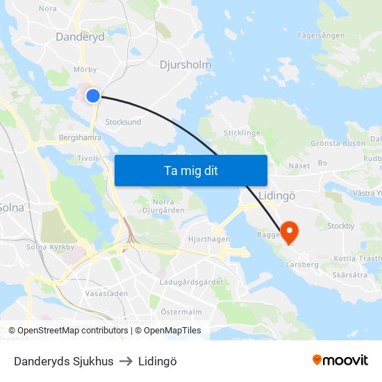 Danderyds Sjukhus to Lidingö map