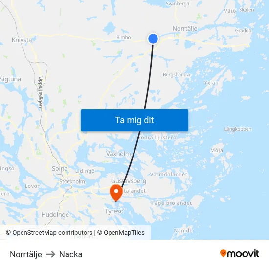 Norrtälje to Nacka map