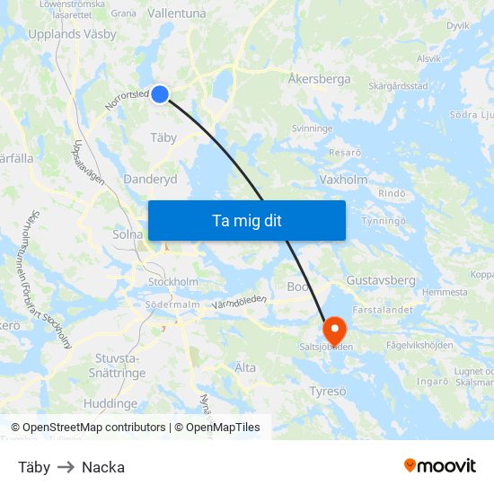 Täby to Nacka map