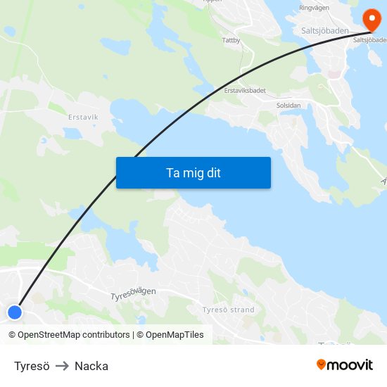 Tyresö to Nacka map