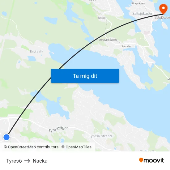Tyresö to Nacka map