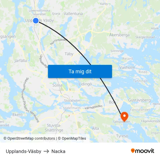 Upplands-Väsby to Nacka map
