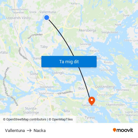 Vallentuna to Nacka map