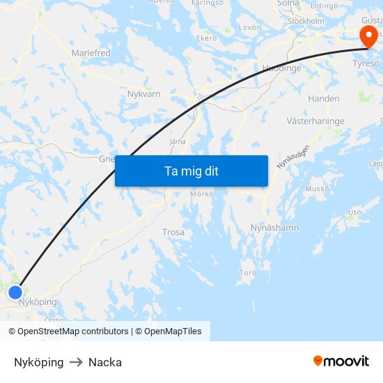 Nyköping to Nacka map