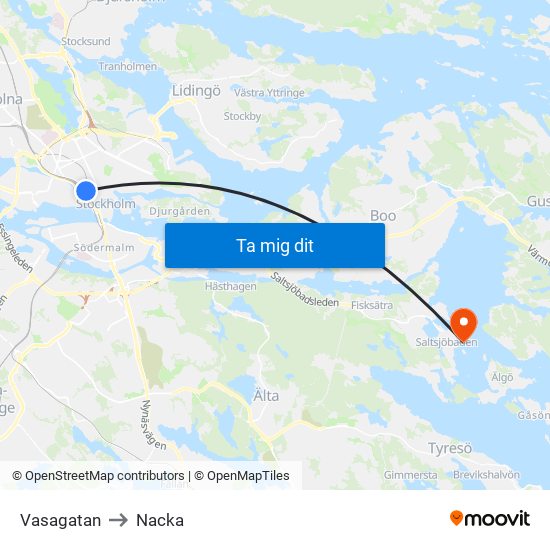 Vasagatan to Nacka map