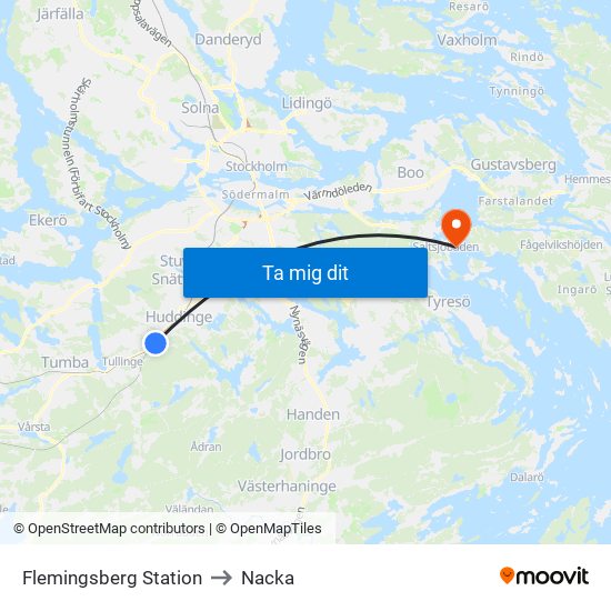 Flemingsberg Station to Nacka map