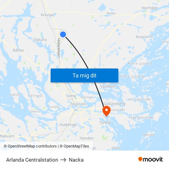 Arlanda Centralstation to Nacka map