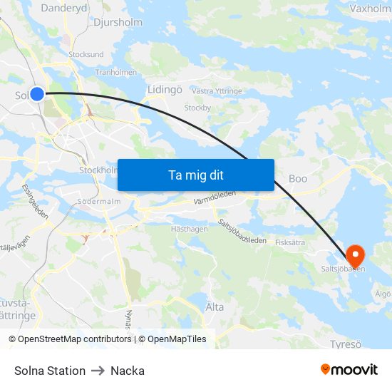 Solna Station to Nacka map