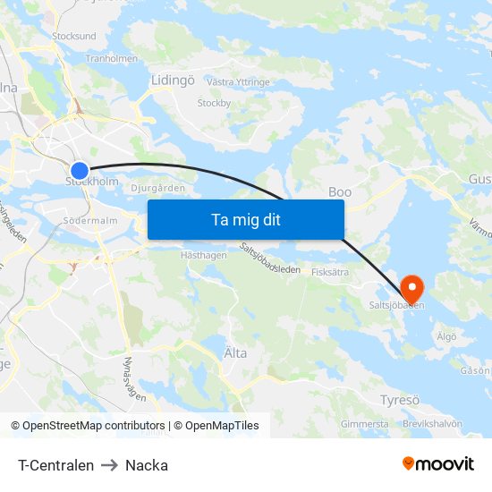 T-Centralen to Nacka map