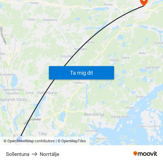 Sollentuna to Norrtälje map