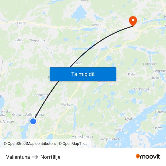 Vallentuna to Norrtälje map