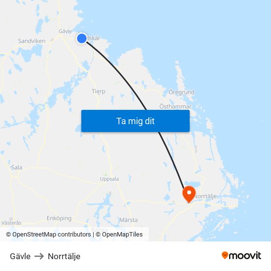 Gävle to Norrtälje map