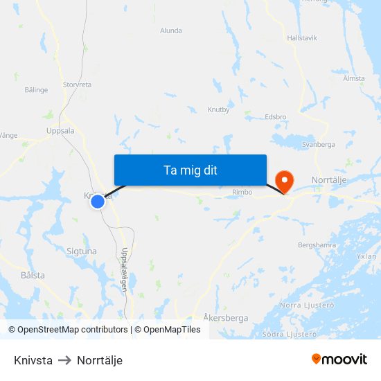 Knivsta to Norrtälje map