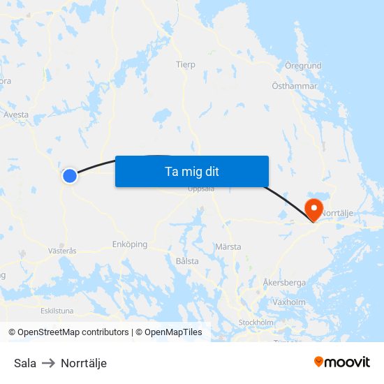 Sala to Norrtälje map