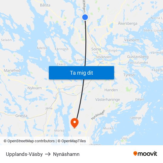 Upplands-Väsby to Nynäshamn map