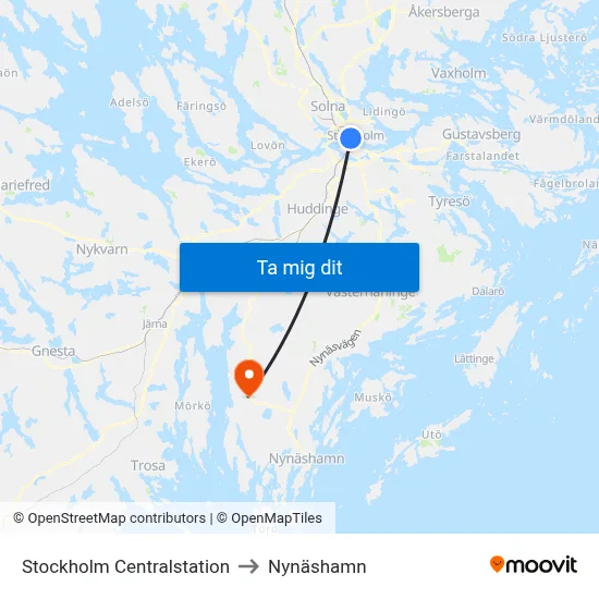 Stockholm Centralstation to Nynäshamn map