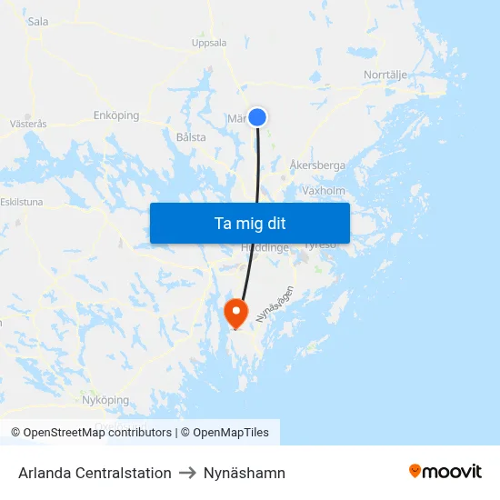 Arlanda Centralstation to Nynäshamn map