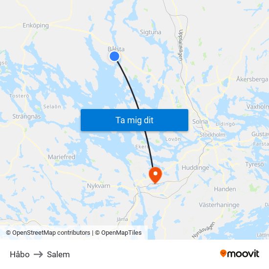 Håbo to Salem map