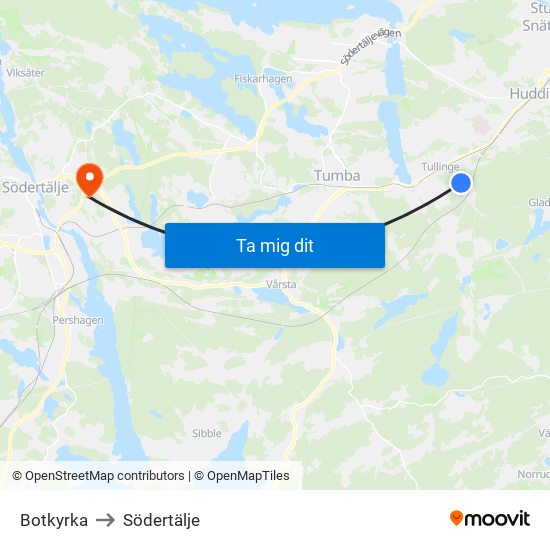 Botkyrka to Södertälje map