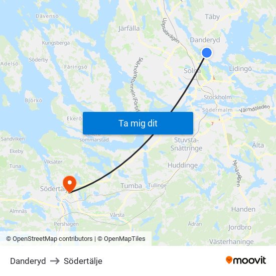 Danderyd to Södertälje map