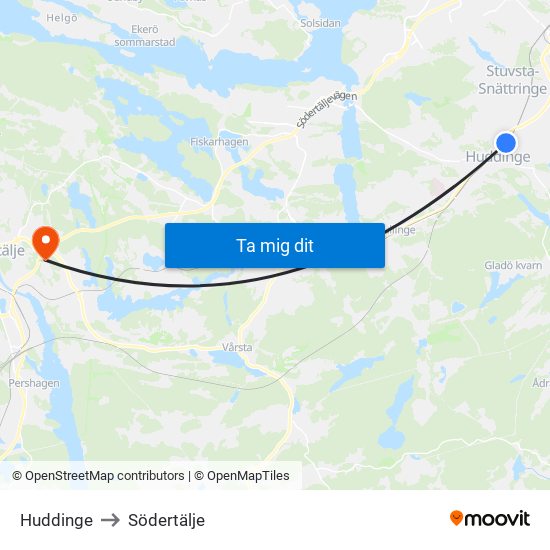 Huddinge to Södertälje map