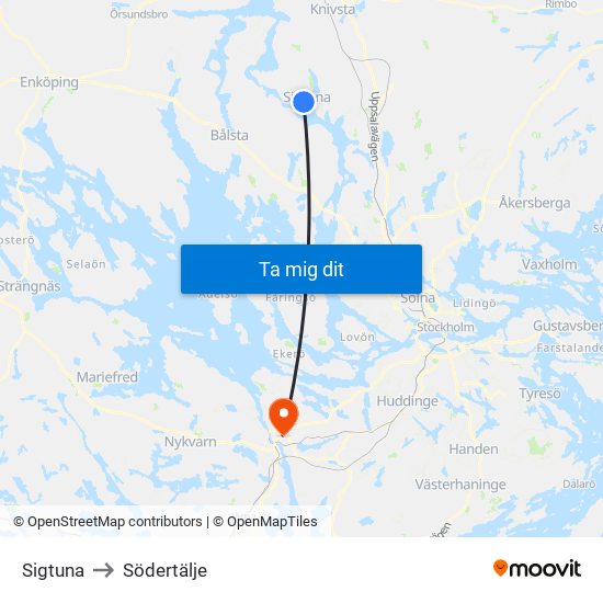 Sigtuna to Södertälje map