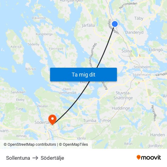 Sollentuna to Södertälje map