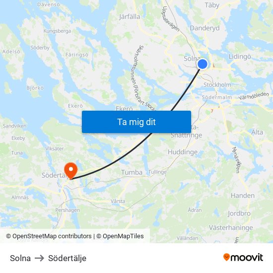 Solna to Södertälje map