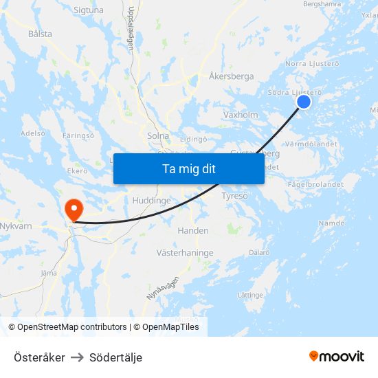 Österåker to Södertälje map