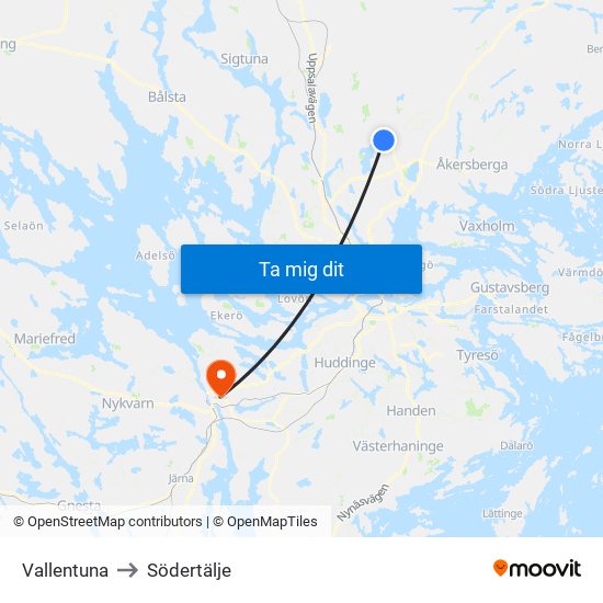 Vallentuna to Södertälje map