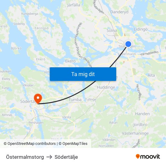 Östermalmstorg to Södertälje map