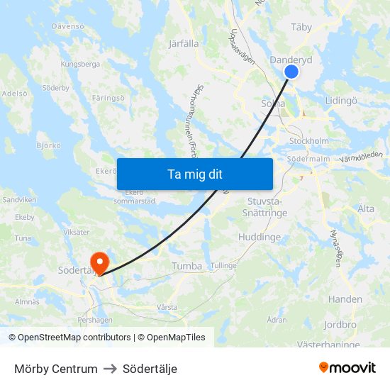 Mörby Centrum to Södertälje map