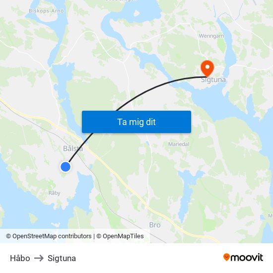 Håbo to Sigtuna map