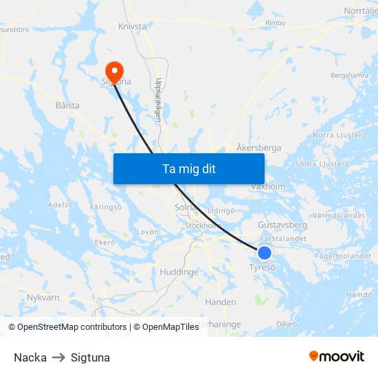 Nacka to Sigtuna map