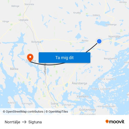 Norrtälje to Sigtuna map